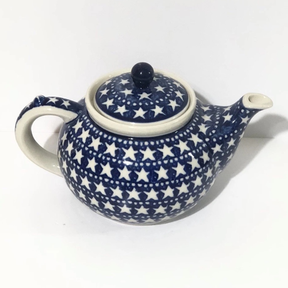 Vintage Polish Pottery Hand Crafted Stoneware Cobalt Blue White Stars Teapot